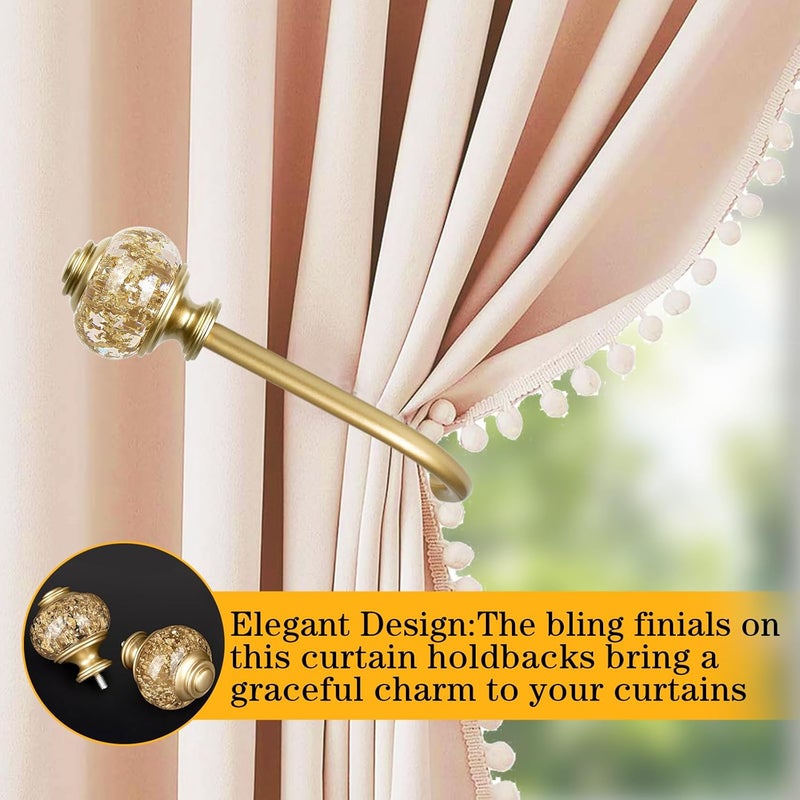 USFOOK 2 Pack Gold Curtain Holdbacks, Decorative Drapery Tiebacks (2 Pack/1 Pair), Curtain Tie Back Hooks for Wall with Translucent Finials (6.1" L x 4.1" W) - Image 2